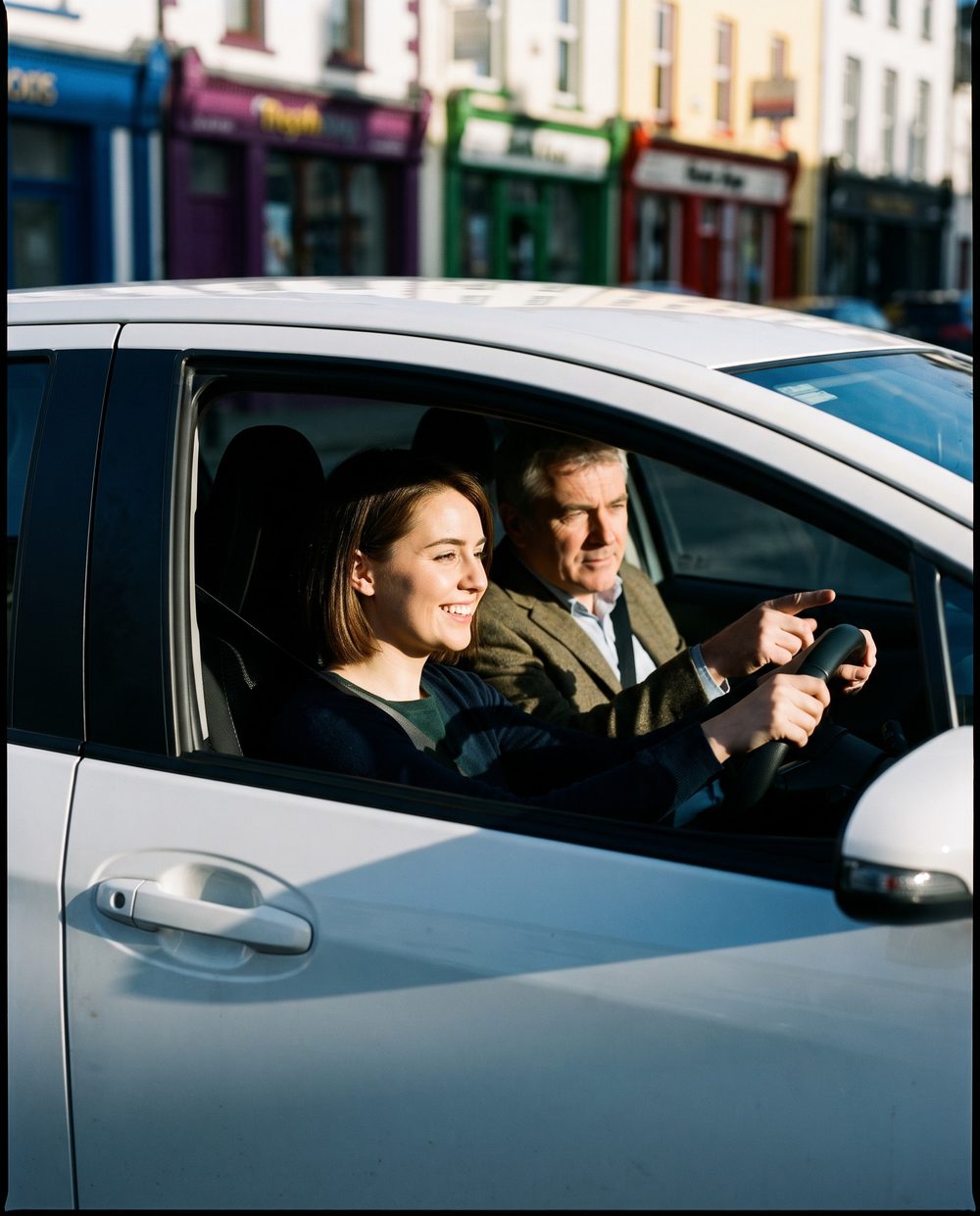 A learner driver smiling behind the wheel with her instructor beside her